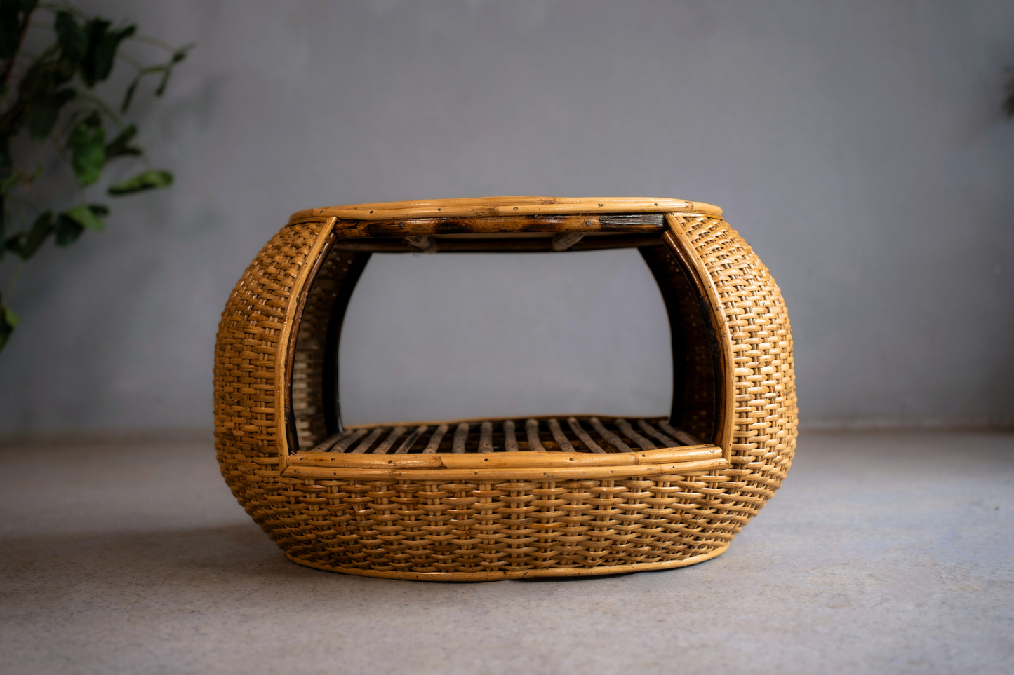 Handcrafted woven cane coffee table.