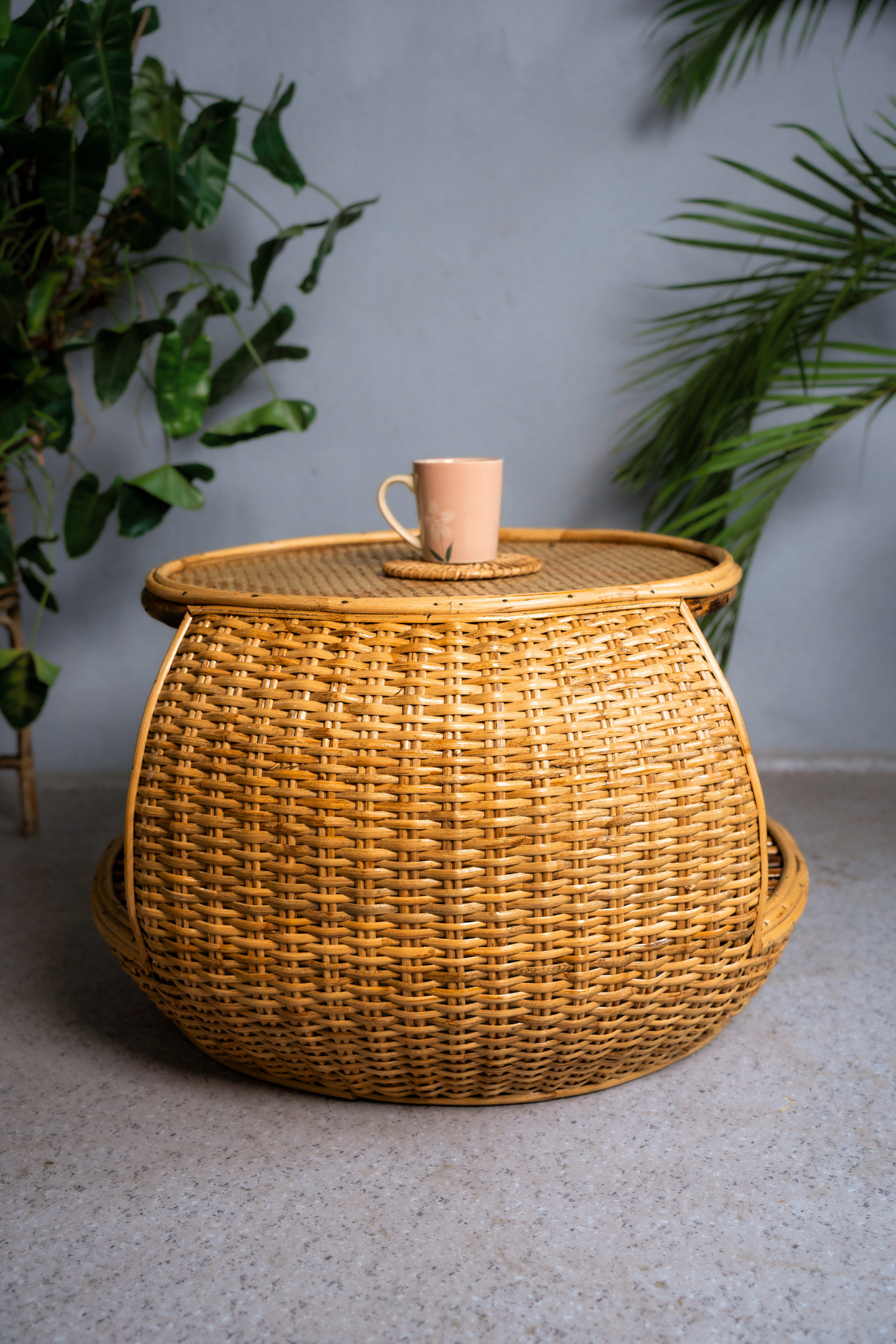 Handcrafted woven cane coffee table.