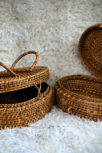 Oval Lidded Cane Storage Basket