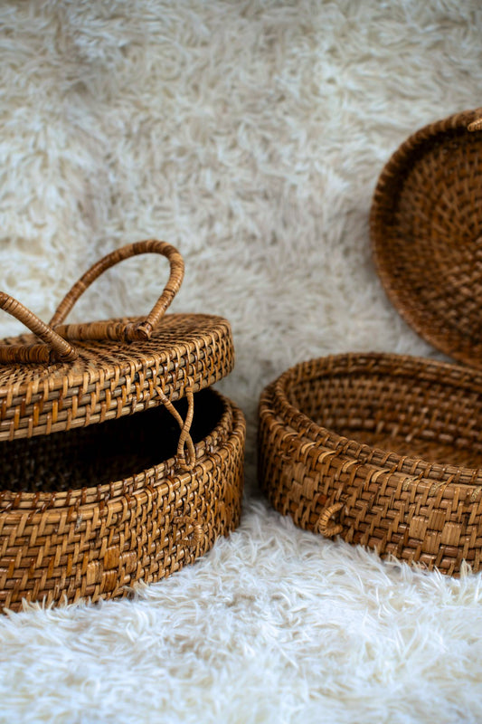 Oval Lidded Cane Storage Basket