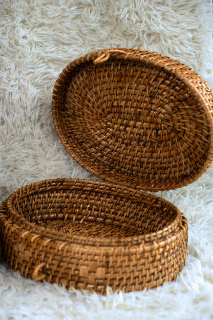 Oval Lidded Cane Storage Basket