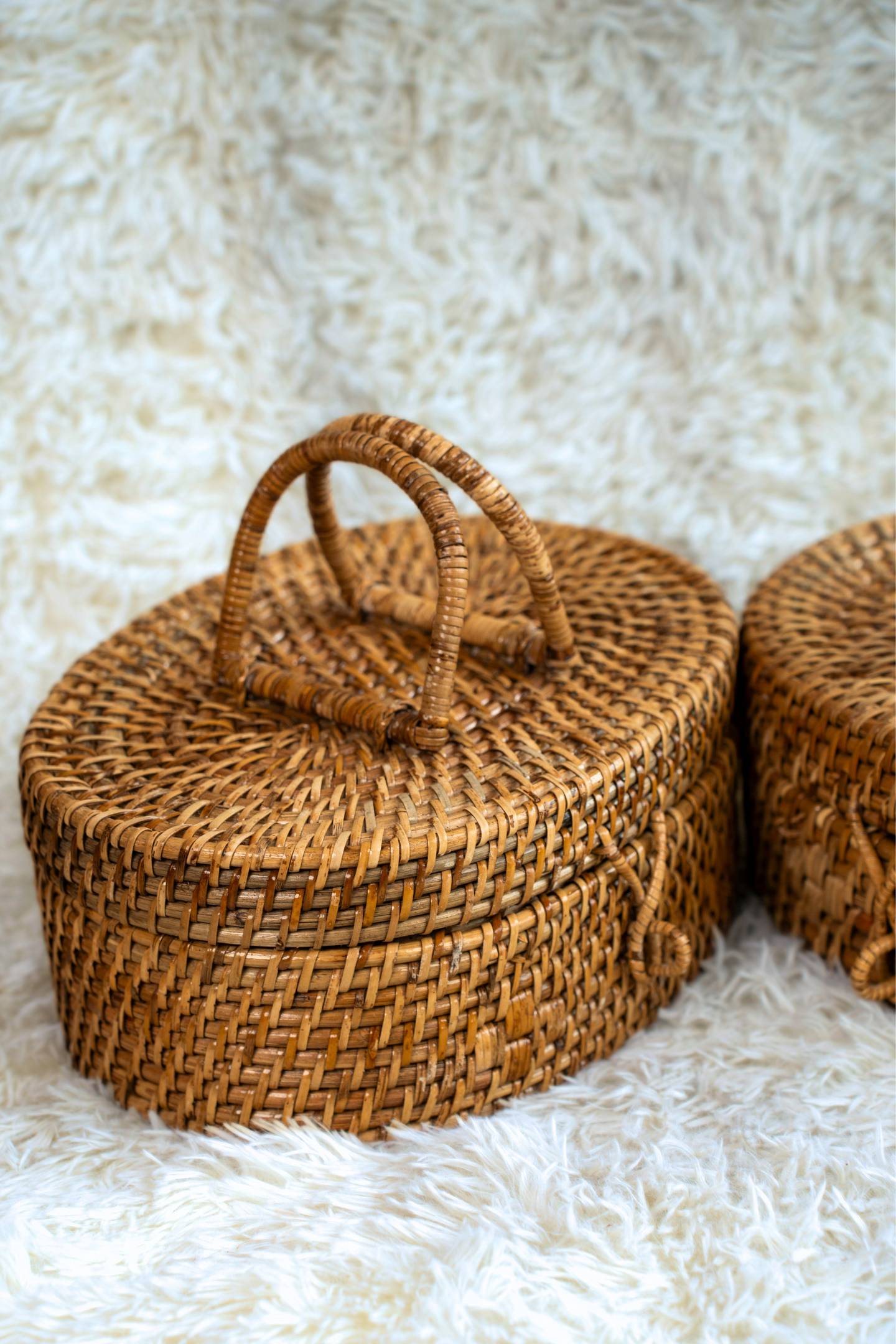Oval Lidded Cane Storage Basket