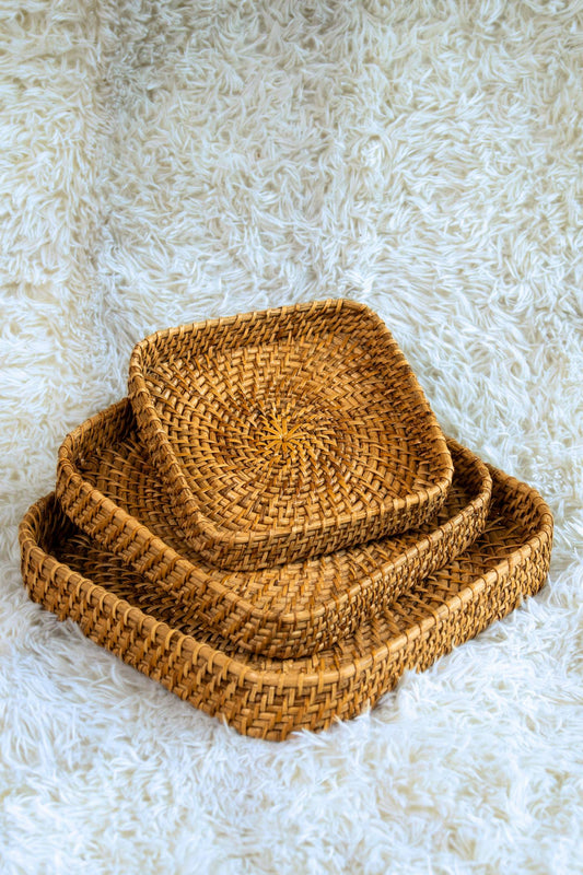 Square Handwoven Cane Tray Set
