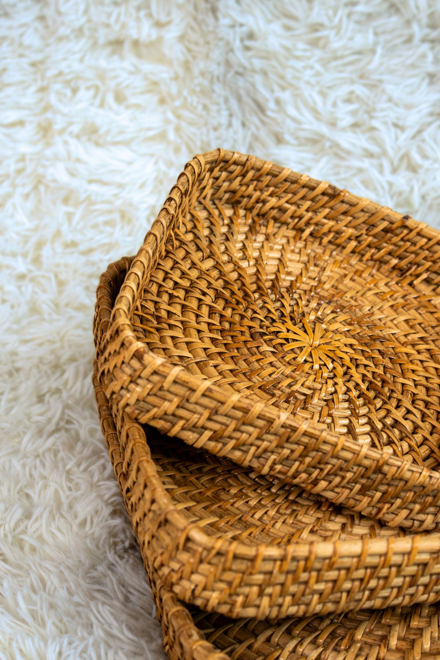 Square Handwoven Cane Tray Set