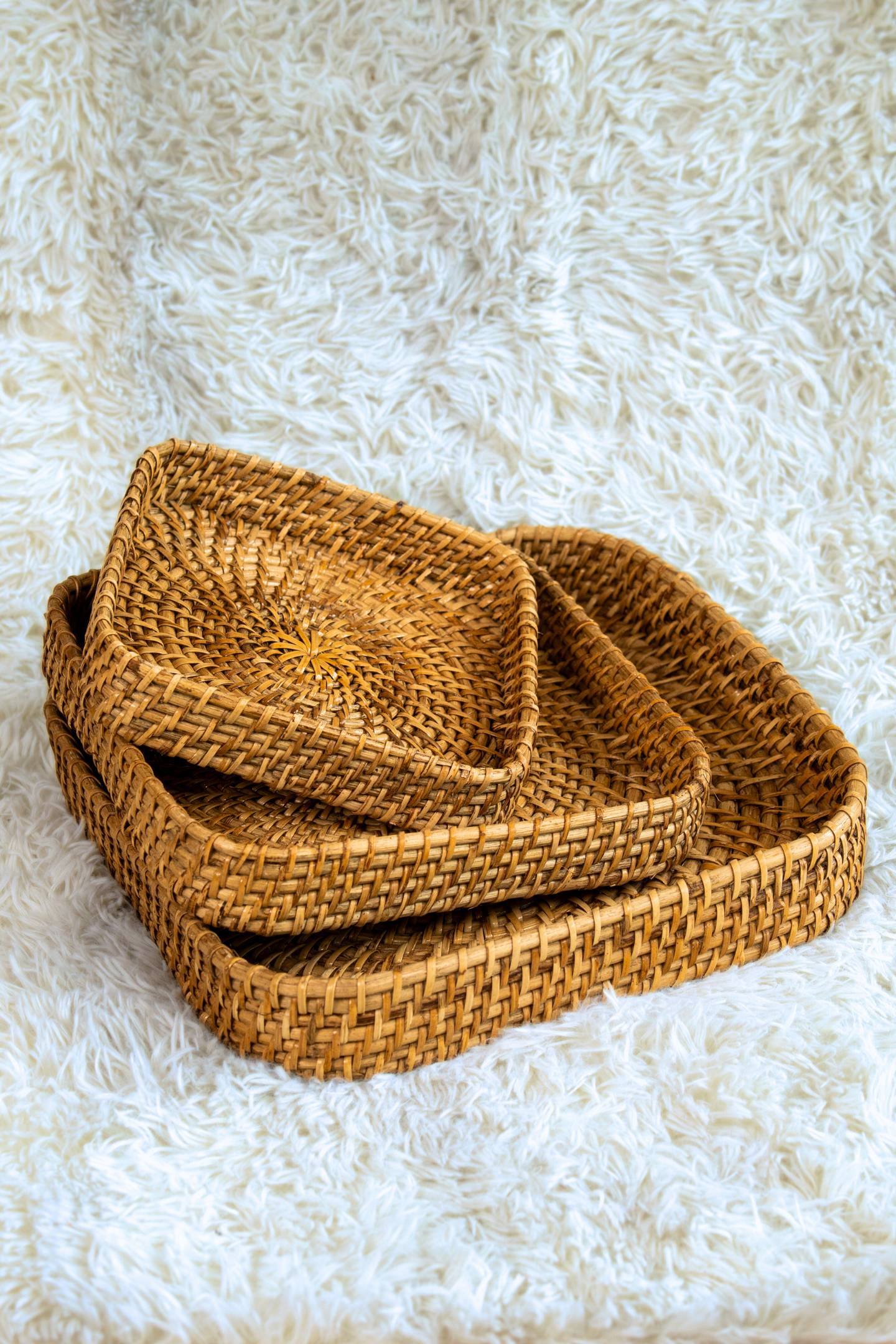Square Handwoven Cane Tray Set