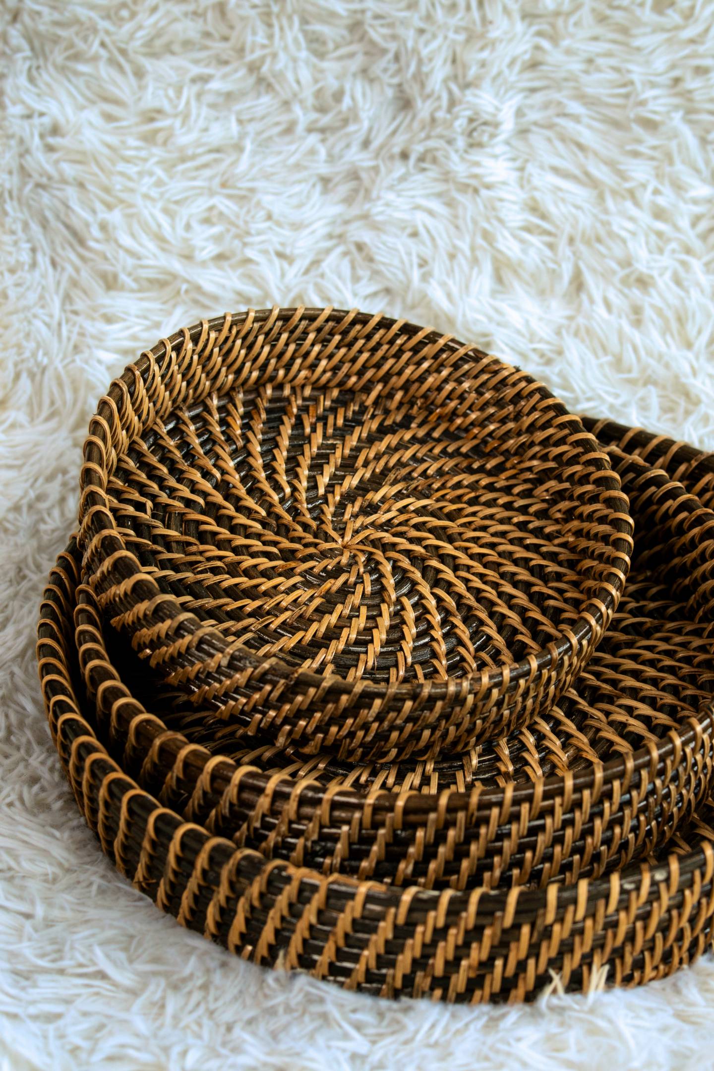 Black & Natural Spiral Cane Tray Set