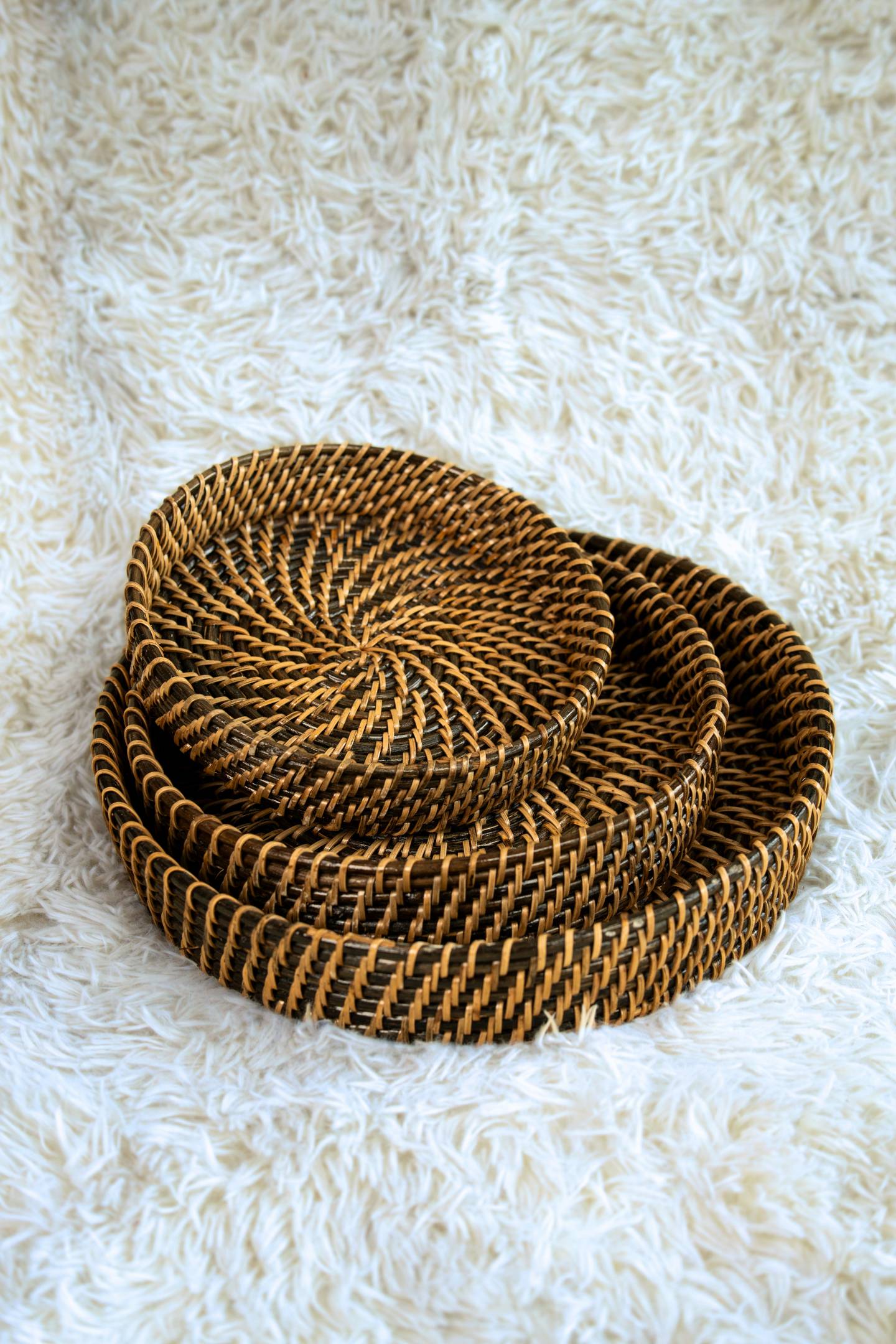 Black & Natural Spiral Cane Tray Set