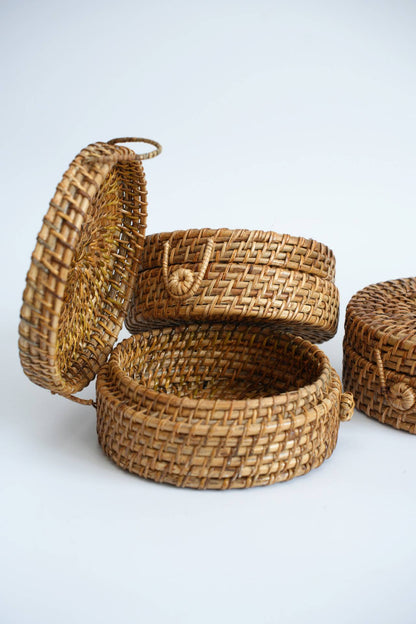 Handwoven Round Rattan Storage Box with Lid