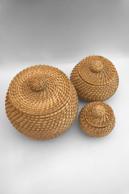 Handwoven Rattan Storage Jars with Lids (Set of 3)
