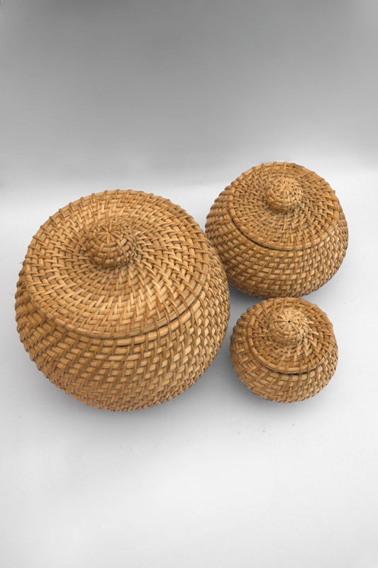 Handwoven Rattan Storage Jars with Lids (Set of 3)