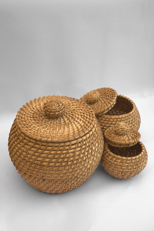 Handwoven Rattan Storage Jars with Lids (Set of 3)