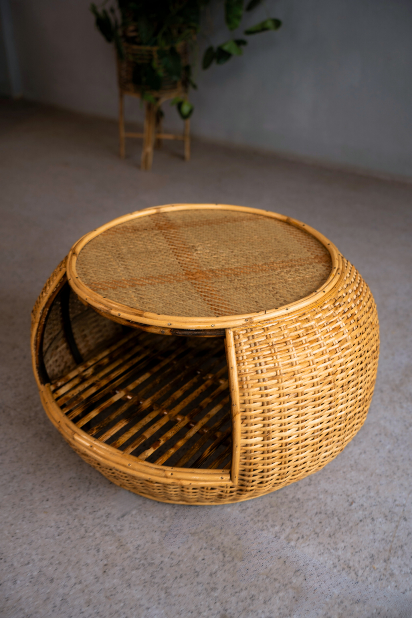 Handcrafted woven cane coffee table.