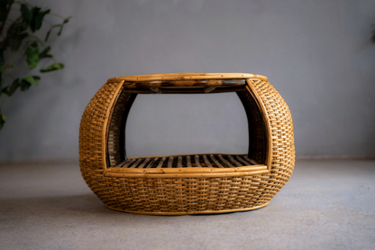 Handcrafted woven cane coffee table.