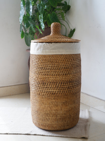 COASTAL LAUNDRY BIN | Cylindrical Rattan Cane Laundry Basket with Lid