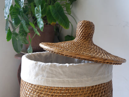 COASTAL LAUNDRY BIN | Cylindrical Rattan Cane Laundry Basket with Lid