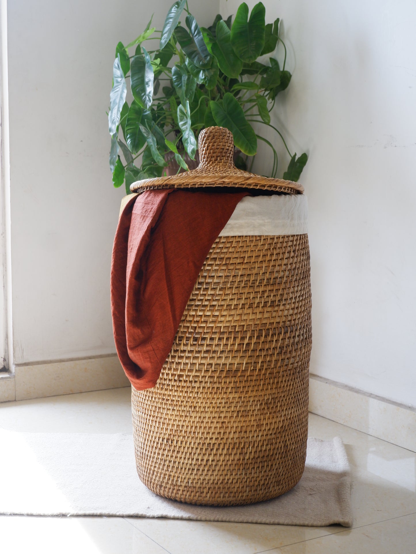 COASTAL LAUNDRY BIN | Cylindrical Rattan Cane Laundry Basket with Lid