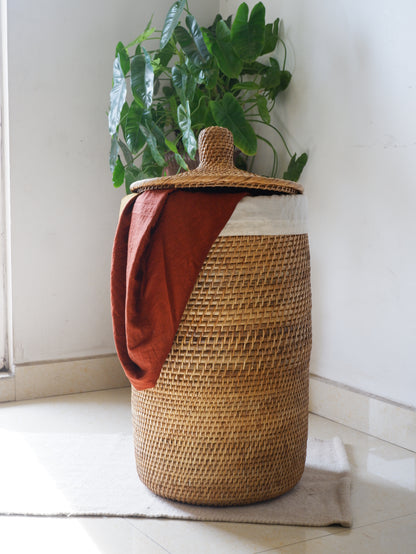 COASTAL LAUNDRY BIN | Cylindrical Rattan Cane Laundry Basket with Lid